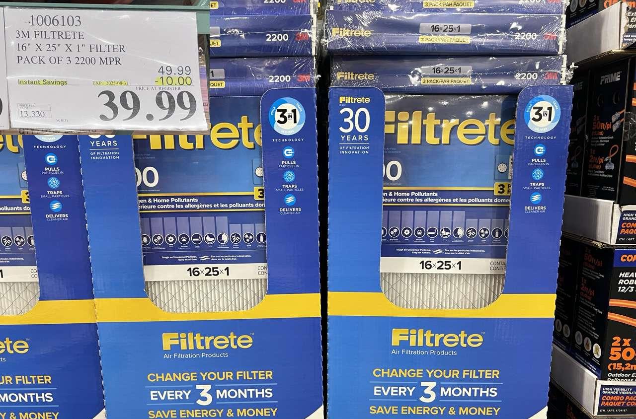 3M FILTRETE 16" X 25" FILTER PACK OF 3 2200 MPR at Costco