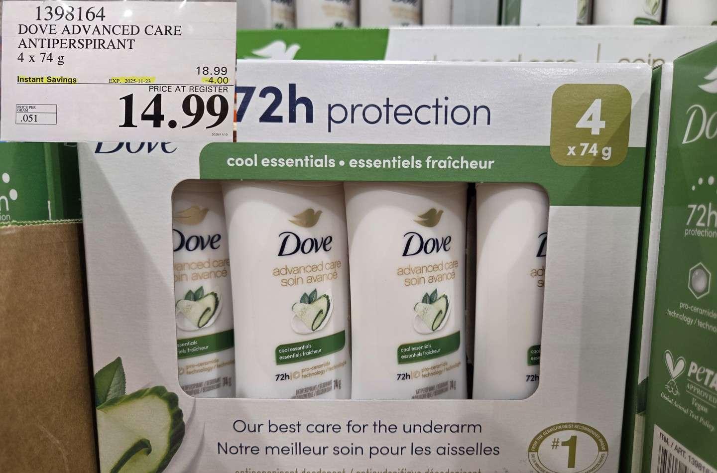 DOVE ADVANCED CARE ANTIPERSPIRANT 4x74 g at Costco
