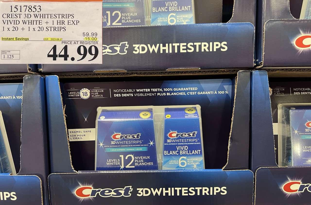 CREST 3D WHITESTRIPS VIVID WHITE + 1 HR EXP 1 x 20 + 1 x 20 STRIPS at Costco