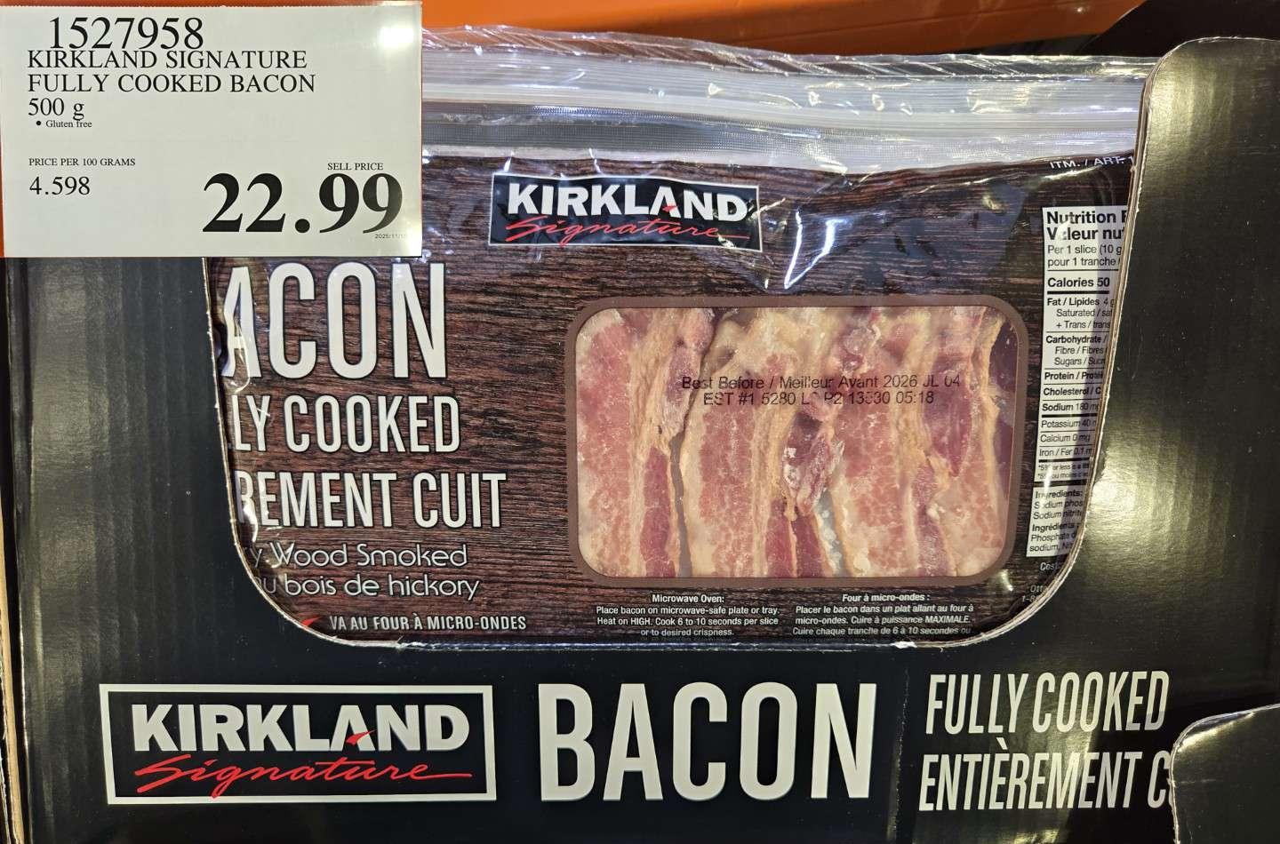 KIRKLAND SIGNATURE FULLY COOKED BACON 500 g at Costco