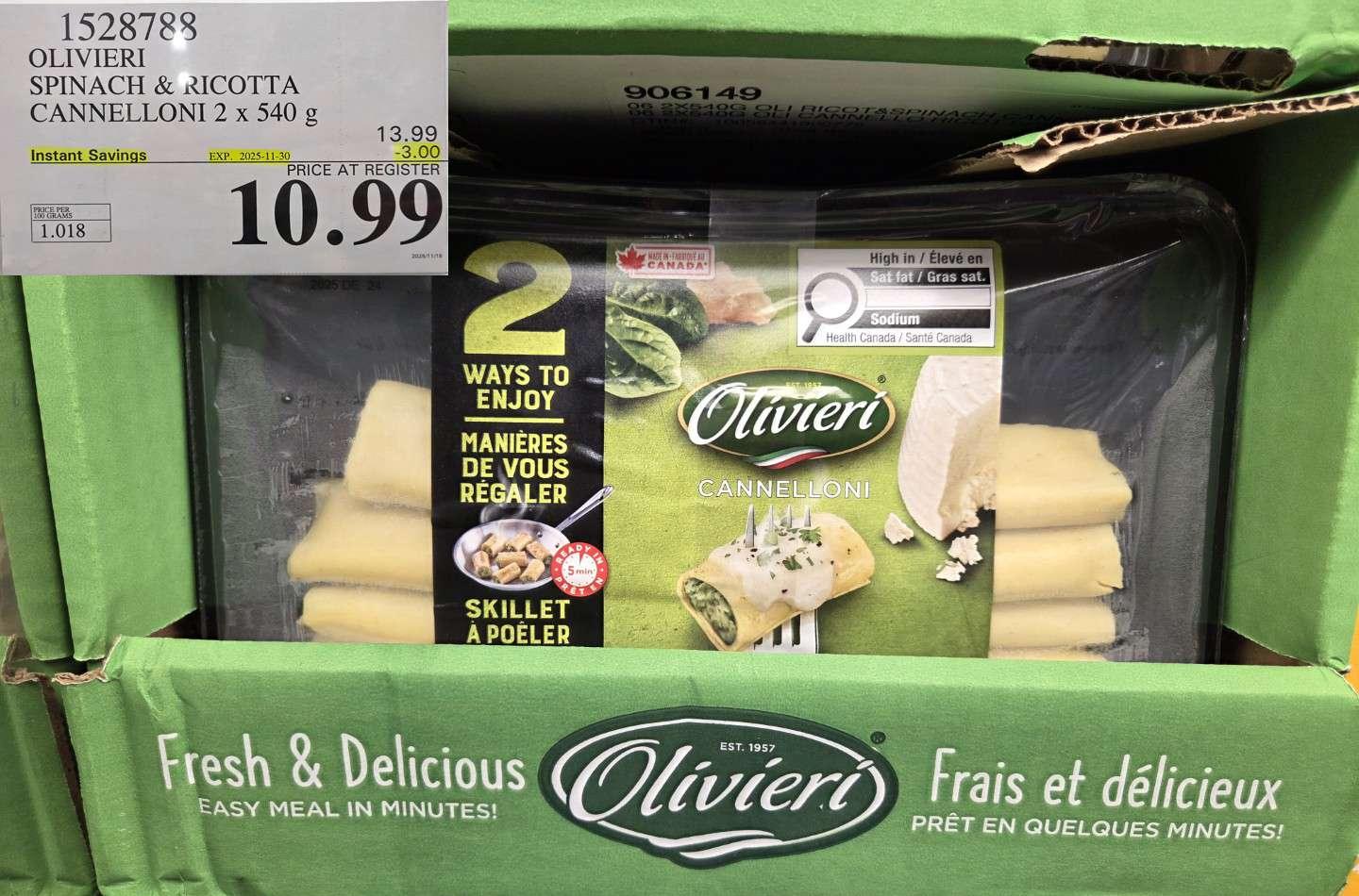 OLIVIERI SPINACH & RICOTTA CANNELLONI 2 x 540 g - Costco Canada deal - Save $3.00 - Food & Beverage