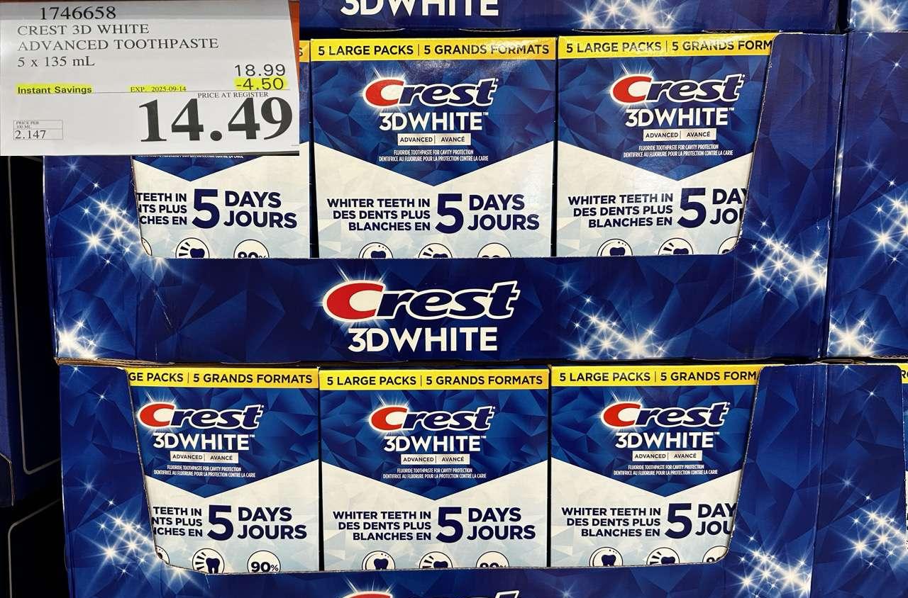 CREST 3D WHITE ADVANCED TOOTHPASTE 5 X 135ML - Costco Canada deal - Save $4.50 - Health and Beauty