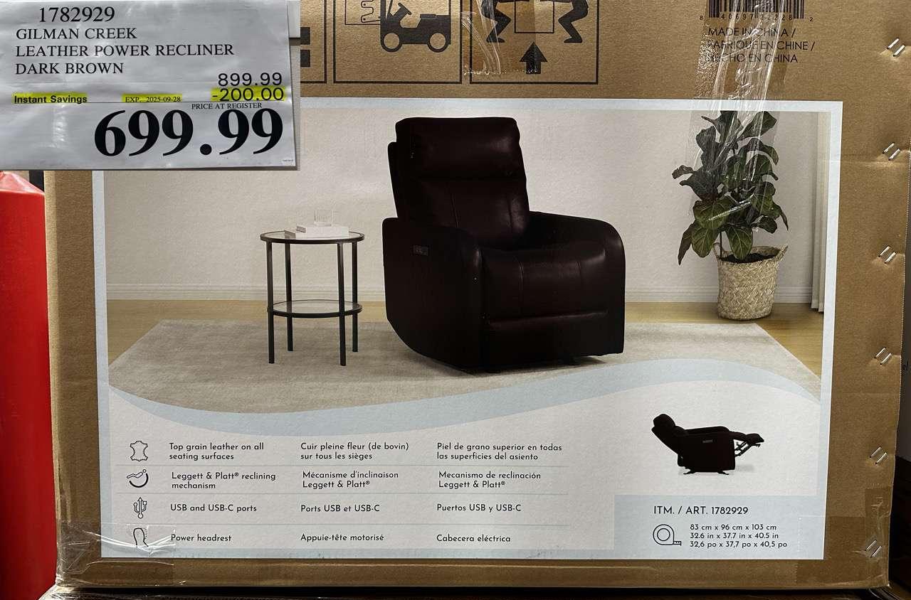 GILMAN CREEK LEATHER POWER RECLINER DARK BROWN at Costco