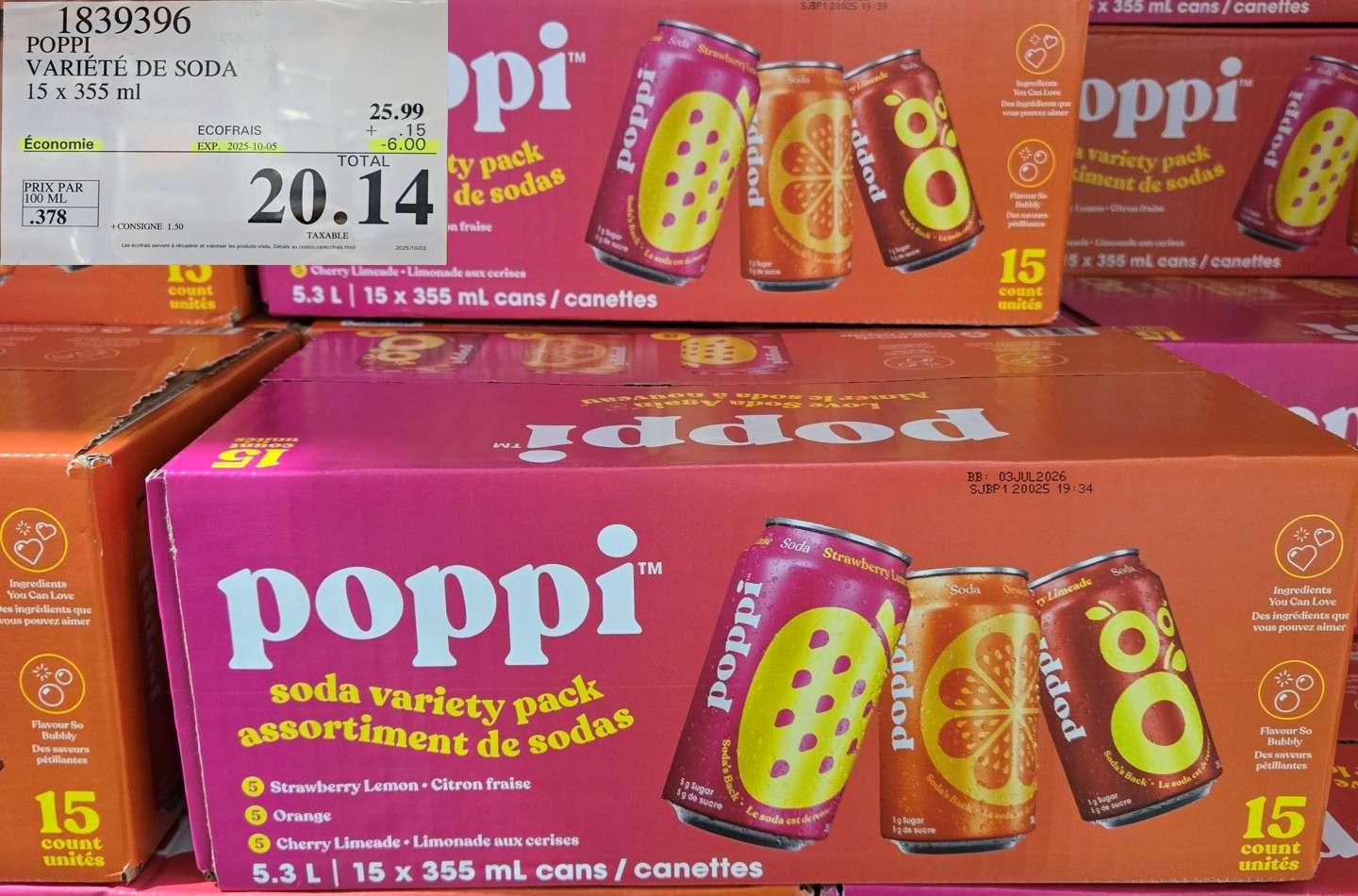 POPPI VARIETE DE SODA 15 X 355 ml at Costco