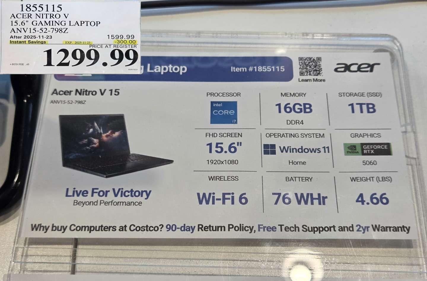 ACER NITRO V 15.6" GAMING LAPTOP ANV15-52-798Z at Costco