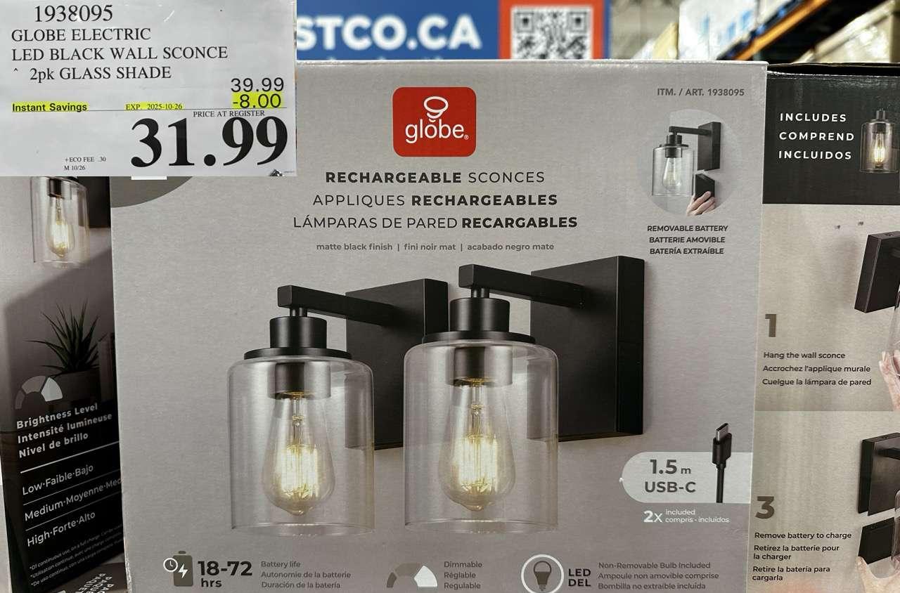 GLOBE ELECTRIC LED BLACK WALL SCONCE 2PK GLASS SHADE - Costco Canada deal - Save $8.00 - Home and Kitchen