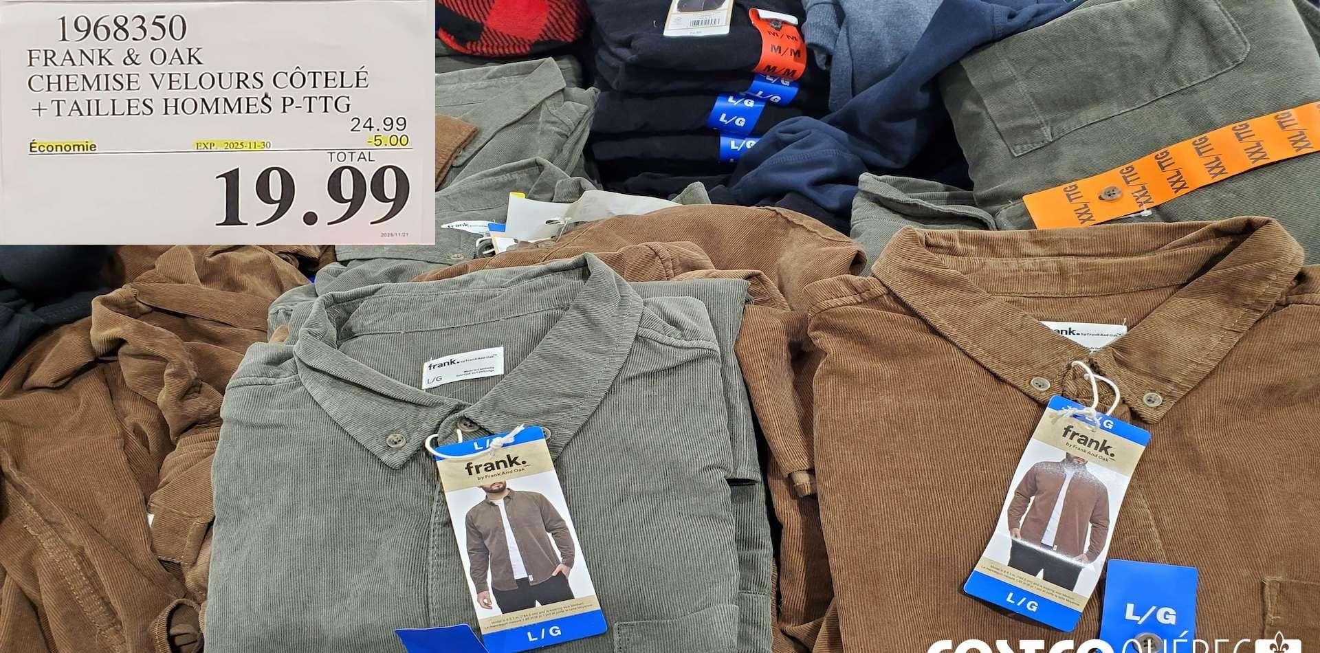 FRANK & OAK CHEMISE VELOURS COTELE + TAILLES HOMMES P-TTG at Costco