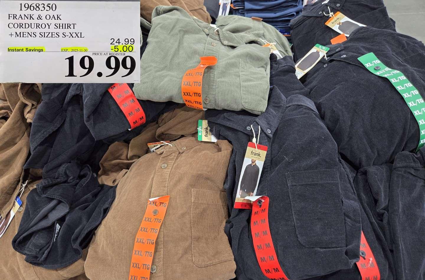 FRANK & OAK CORDUROY SHIRT MENS SIZES S-XXL - Costco Canada deal - Save $5.00 - Clothing and Accessories