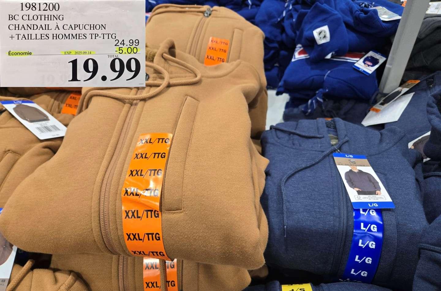 BC CLOTHING CHANDAIL A CAPUCHON + TAILLES HOMMES TP- TG, at Costco