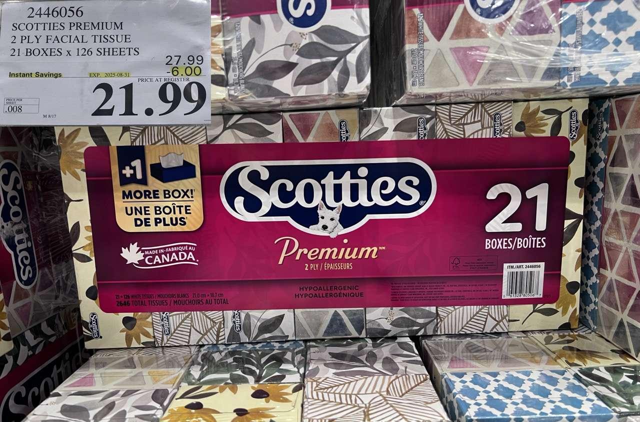SCOTTIES PREMIUM 2 PLY FACIAL TISSUE 21 BOXES X 126 SHEETS at Costco