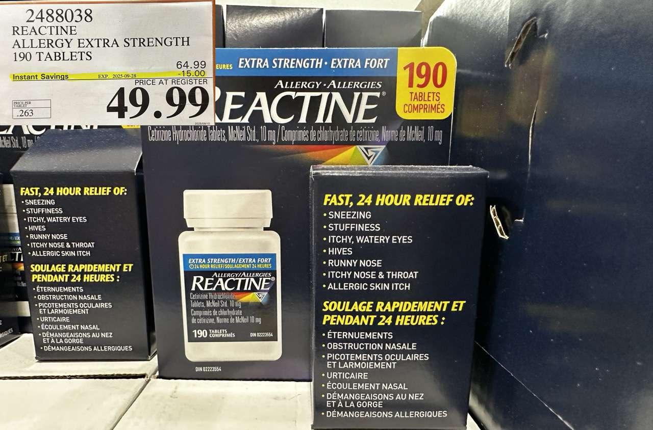 REACTINE ALLERGY EXTRA STRENGTH 190 TABLETS at Costco