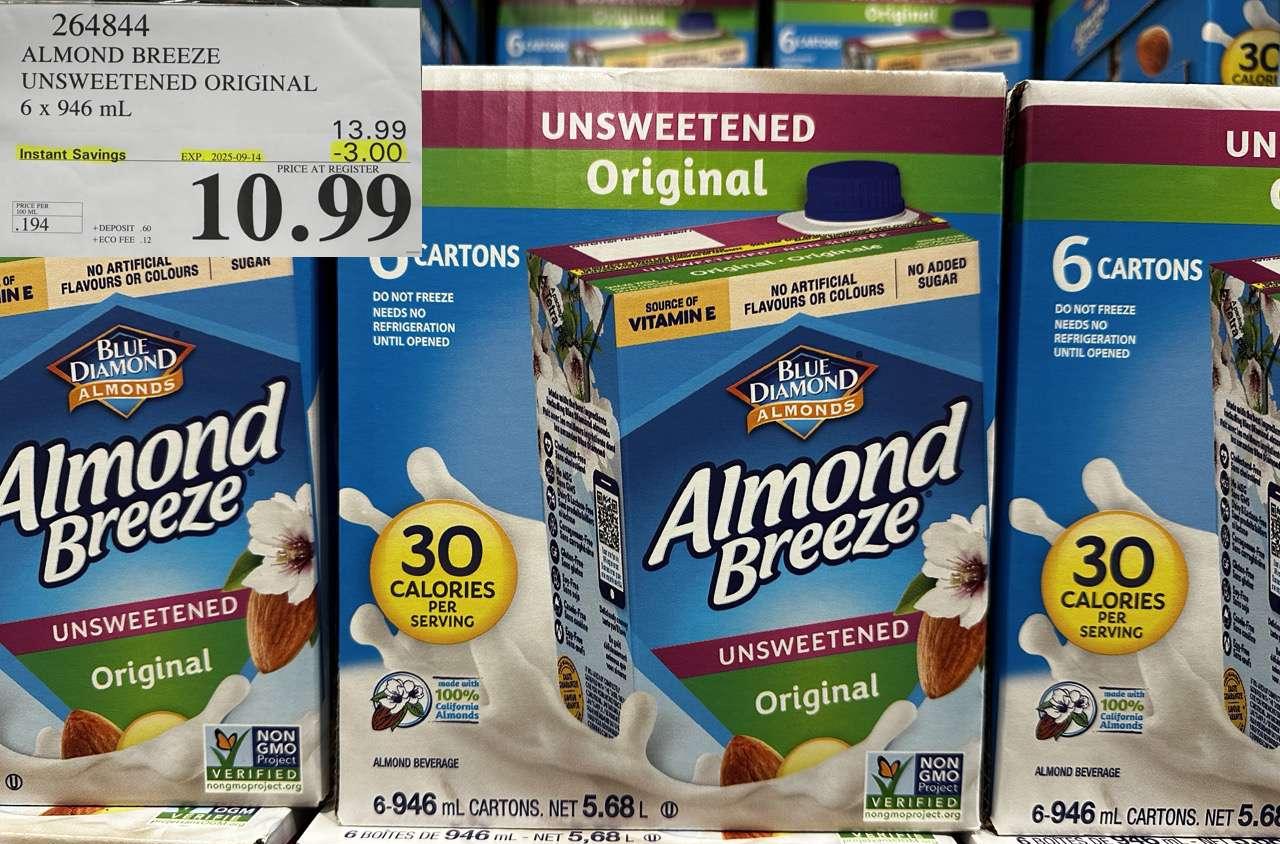 ALMOND BREEZE UNSWEETENED ORIGINAL 6 X 946 ML - Costco Canada deal - Save $3.00 - Food & Beverage