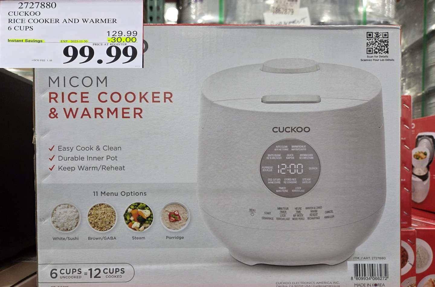 CUCKOO RICE COOKER AND WARMER 6 CUPS - Costco Canada deal - Save $30.00 - Household Essentials