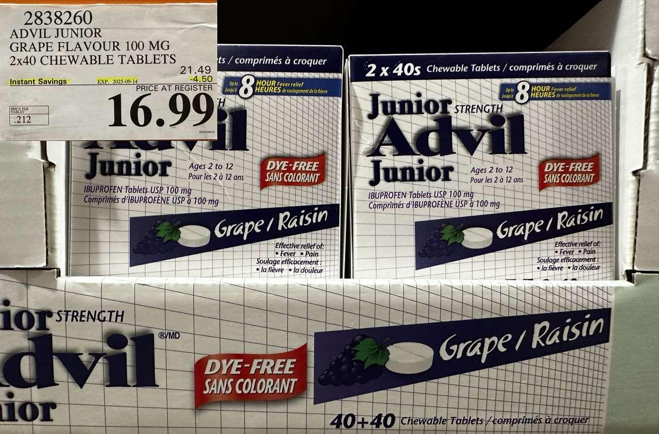 ADVIL CHEWABLE TABLET GRAPE FLAVOUR 100 MG 2 X 40'S CHEWABLE TABS - Costco Canada deal - Save $4.50 - Health and Beauty