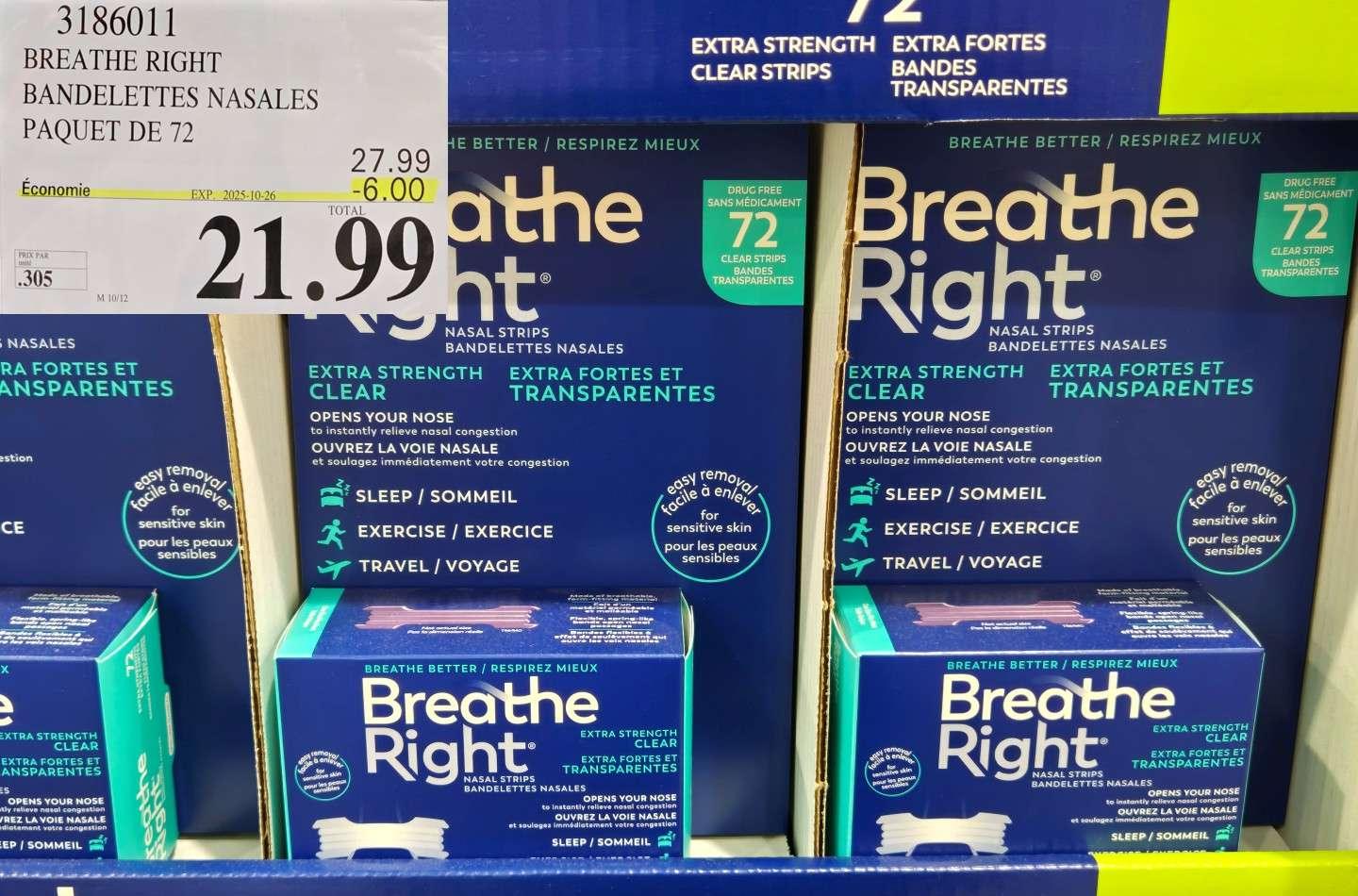 BREATHE RIGHT BANDELETTES NASALES  PAQUET DE 72 at Costco