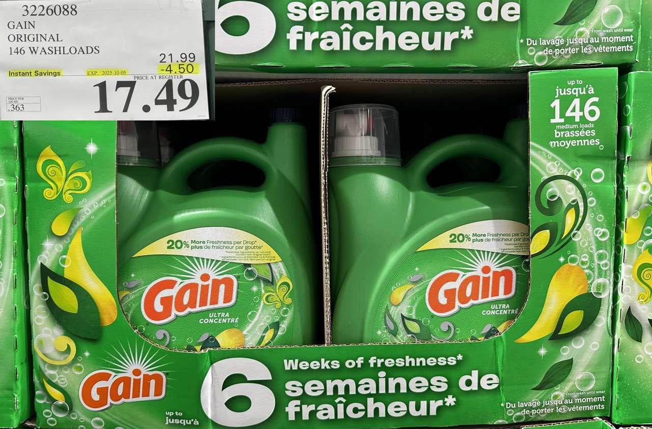 GAIN HE ULTRA LIQUID DETERGENT 4.82 L 146 WASHLOADS at Costco