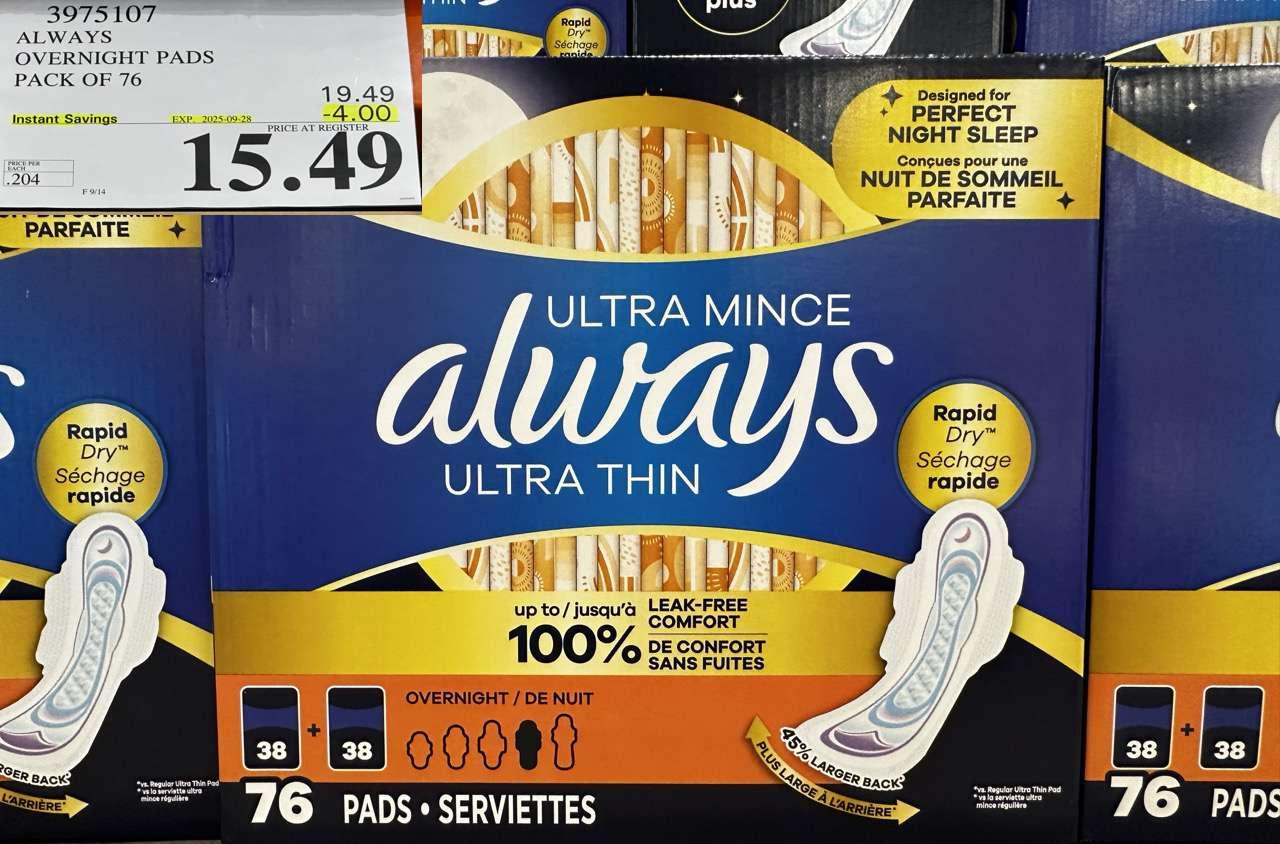 ALWAYS OVERNIGHT PADS PACK OF 76 - Costco Canada deal - Save $4.00 - Other