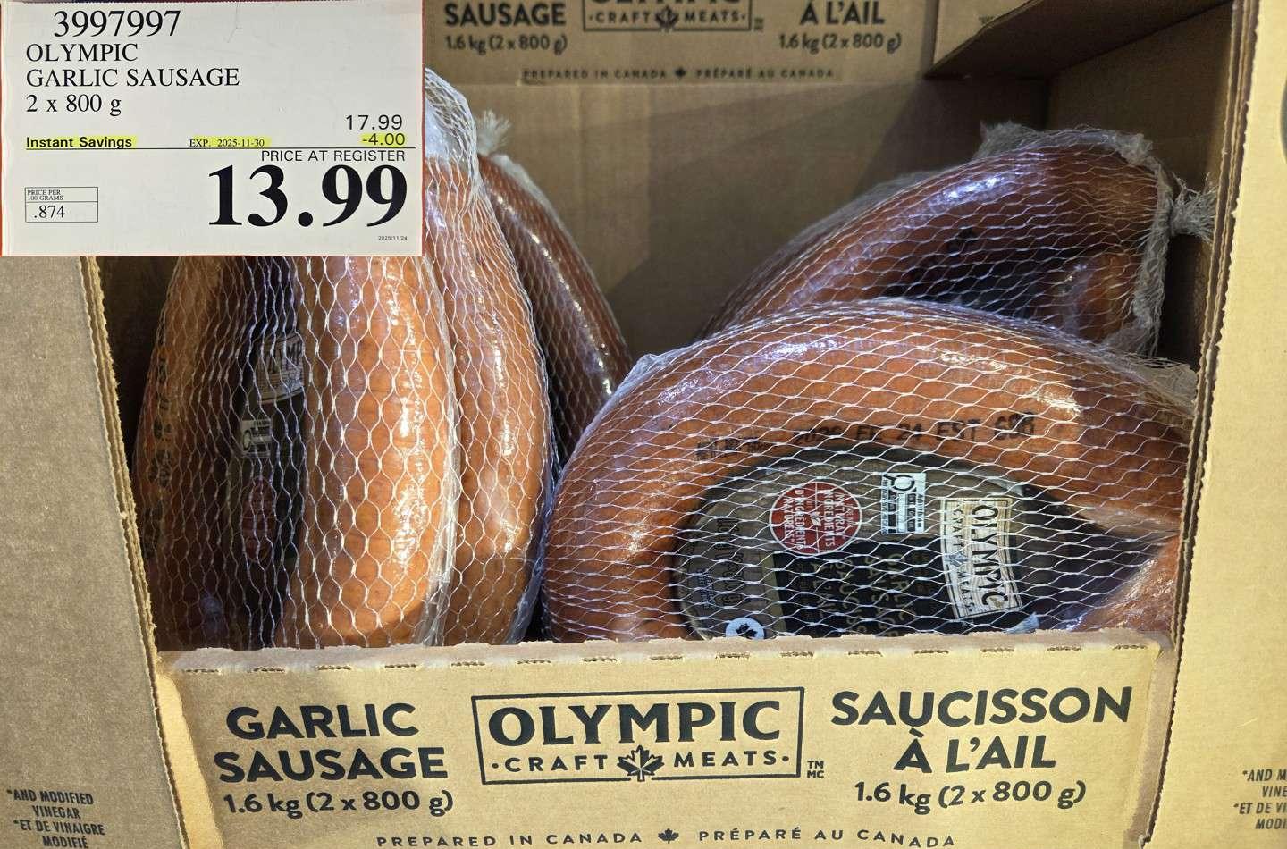 OLYMPIC GARLIC SAUSAGE 2 x 800 g - Costco Canada deal - Save $4.00 - Food & Beverage
