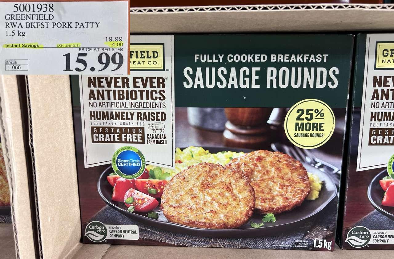 GREENFIELD RWA BKFST PORK PATTY 1.5KG at Costco