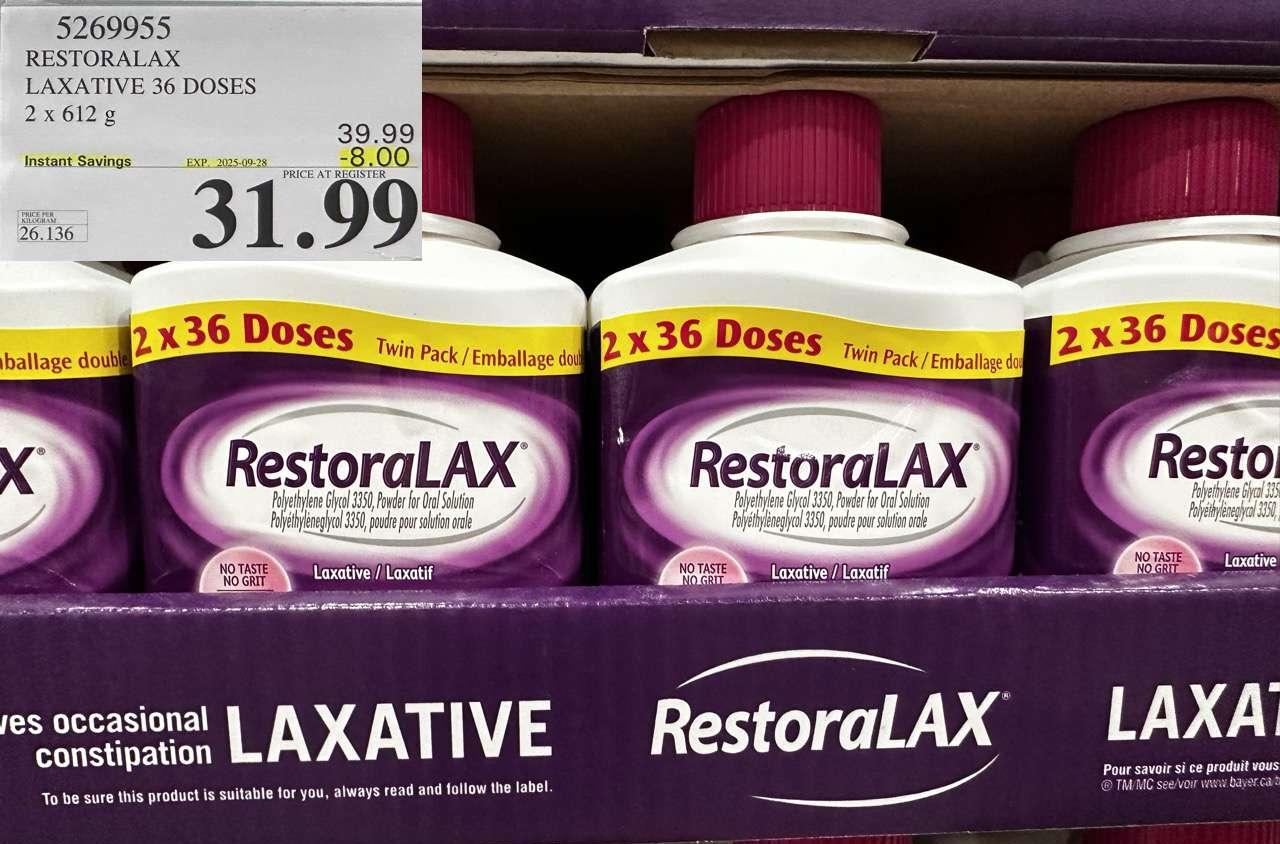 RESTORALAX LAXATIVE 2 X 36 DOSES - Costco Canada deal - Save $8.00 - Health and Beauty