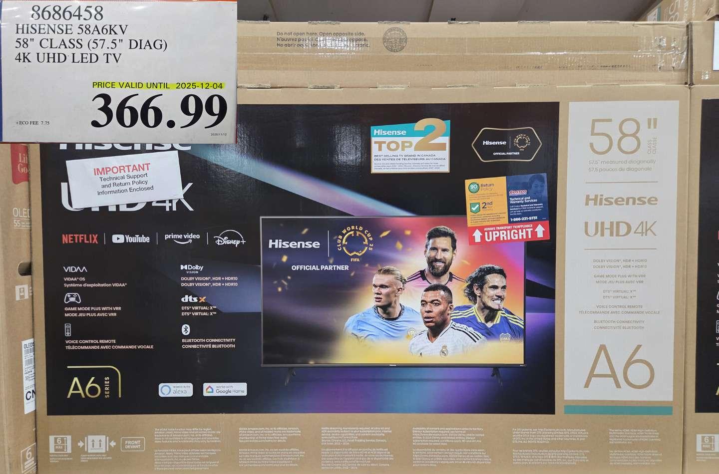 HISENSE 58A6KV 58" CLASS (57.5" DIAG) 4K UHD LED TV - Costco Canada deal - Save $70.00 - Electronics