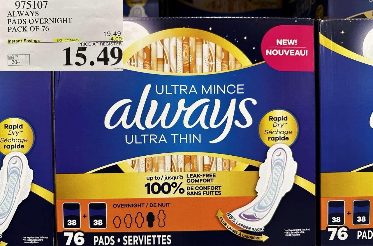 ALWAYS ULTRA THIN PADS OVERNIGHT BOX OF 76 at Costco